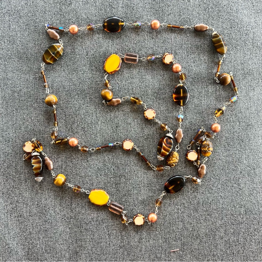 VINTAGE ART DECO BROWN GLASS BEAD LONG TIE NECKLACE 48” LONG